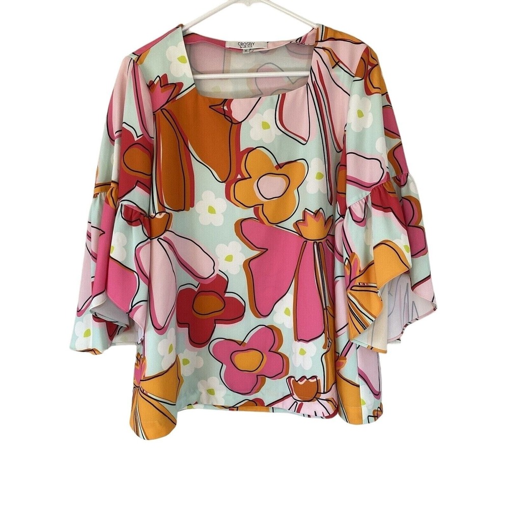 Crosby by‎ Mollie Burch Floral Bell Sleeve Blouse Square Neck Pink Orange Medium